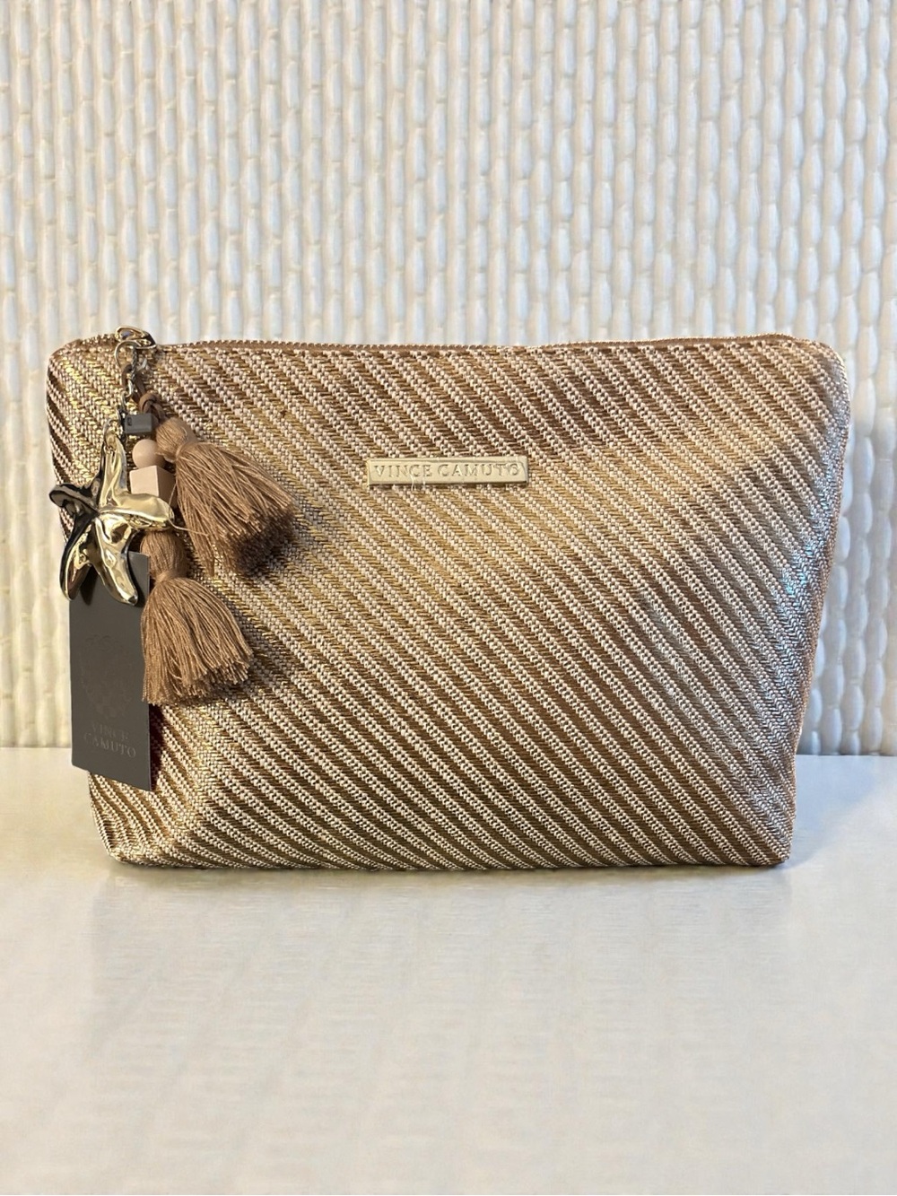 Vince Camuto Metallic Beige Tassel Cosmetic Pouch Clutch Bag